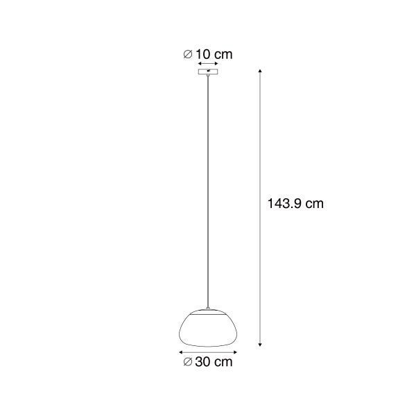 Maßskizze einer Pendelleuchte mit 30 Zentimeter Schirmdurchmesser und 143.9 Zentimeter Gesamthöhe.
