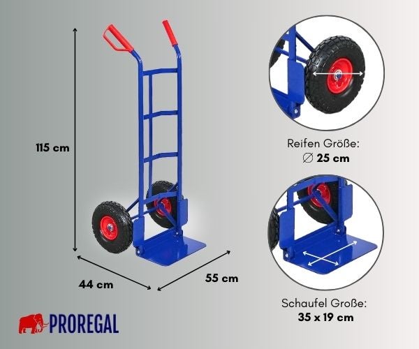 PROREGAL Sackkarre ODIN HxBxT 115x54x44cm Tragkraft 200kg PU Bereifung Blau