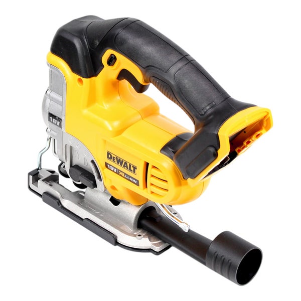 DeWalt Akku-Stichsäge mit 18 Volt, ergonomischem Handgriff und Anschluss für die Staubabsaugung.