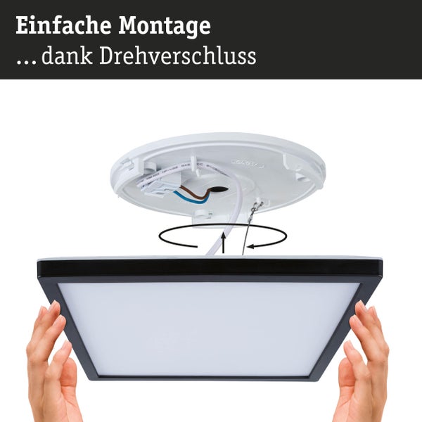 Einfache Montage eines quadratischen LED-Panels an der Deckenhalterung durch einen Drehverschluss mit sichtbarer Verkabelung.