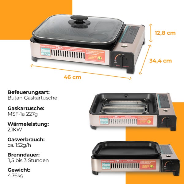 ZMC 2-in-1 Gaskocher und Gasgrill + 24 Gaskartuschen 227g, inkl. Grillplatte, Pfanne, Glasdeckel und Koffer, Campingkocher für innen- und Außenbereich