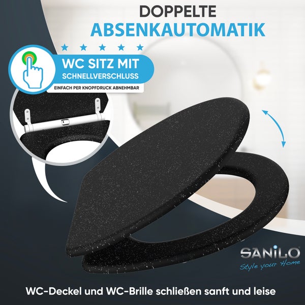 Sanilo Toilettensitz mit doppelter Absenkautomatik, Schnellverschluss, schwarz gesprenkelt, per Knopfdruck abnehmbar, Sanilo Logo.