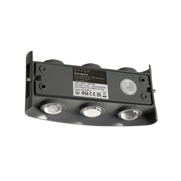 Anthrazitfarbene Außen-LED-Wandleuchte mit sechs Lichtquellen und Schutzart IP54, Rückansicht mit Montageplatte und technischem Etikett.