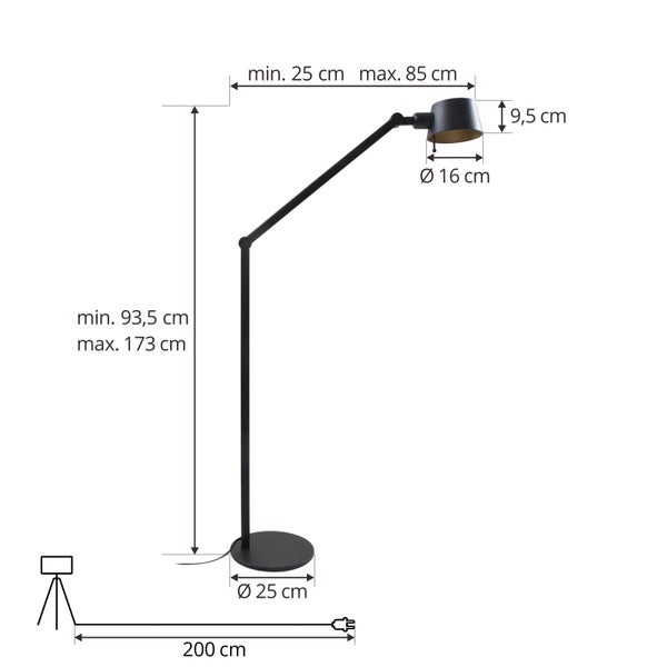 Schwarze verstellbare Stehleuchte mit Maßangaben: Höhe minimum 93,5 cm bis maximum 173 cm, Ausladung 25 bis 85 cm, Kabellänge 200 cm.