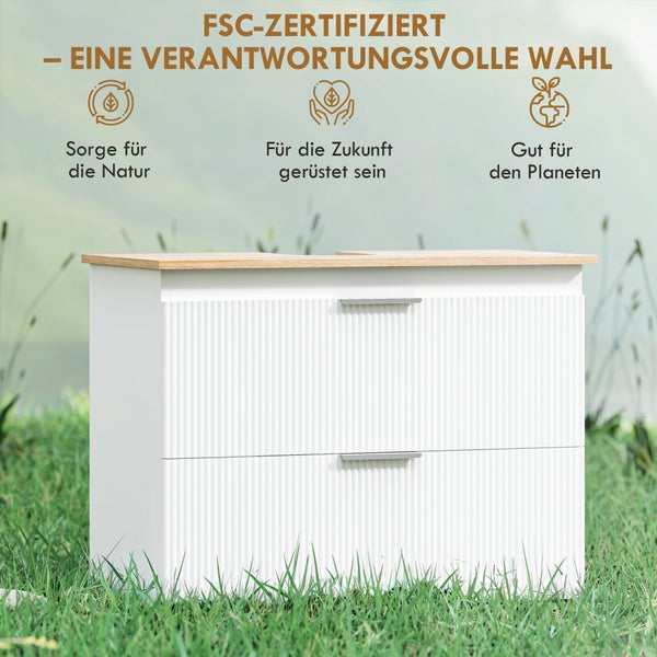 FSC-zertifizierter Waschtischunterschrank in Weiß mit geriffelter Front, Holzoptik-Abdeckplatte und zwei Schubladen.
