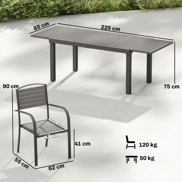 Gartentisch 225 mal 85 mal 75 Zentimeter, Belastbarkeit 50 Kilogramm. Gartenstuhl 90 mal 62 mal 55 Zentimeter, Belastbarkeit 120 Kilogramm.
