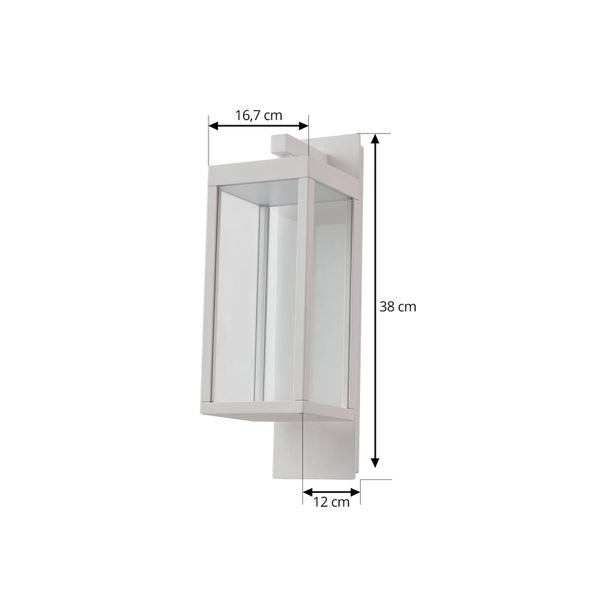 Weiße moderne Außenwandleuchte aus Metall und Glas, Maße: Höhe 38 Zentimeter, Breite 16,7 Zentimeter, Tiefe 12 Zentimeter.
