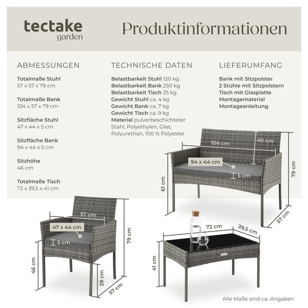 Rattan Gartenset tectake Palese Sofa 250 kg, je Sessel 120 kg für 4 Personen grau