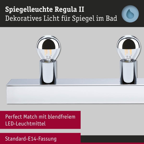 Chromfarbene Spiegelleuchte Regula II für das Bad, zweiflammig, mit E14-Fassung und blendfreien LED-Leuchtmitteln.