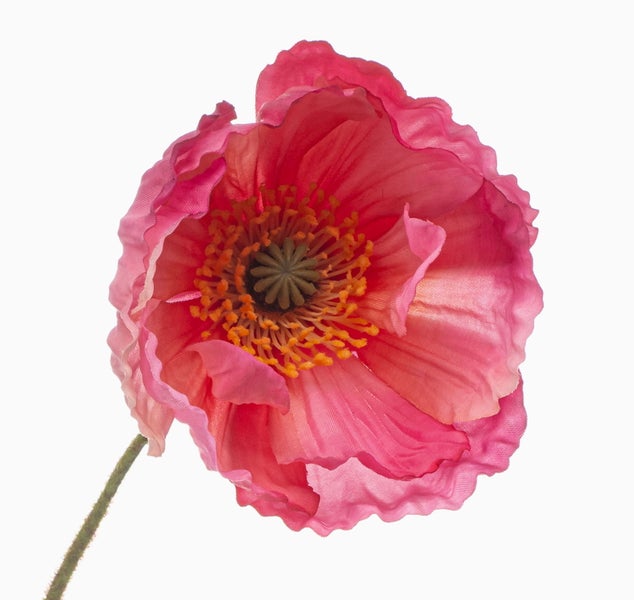 Künstliche Mohnblüte aus Textil in Gelb und Orange mit gewellten Blütenblättern.