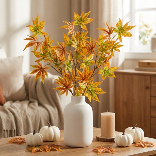 Herbstliche Dekoration mit Kunstblumen Ahornzweigen in weißer Vase, umgeben von kleinen weißen Dekokürbissen und einer Kerze auf einem Holztisch.