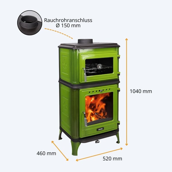 Grüner Kaminofen mit Backofen, 1040 Millimeter hoch, 520 breit, 460 tief, Rauchrohranschluss Durchmesser 150 Millimeter.