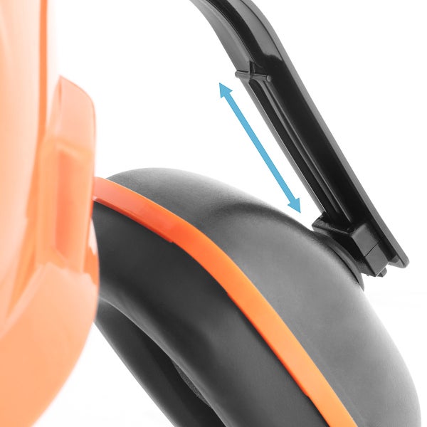 Höhenverstellung des Gehörschutzes an einem Schutzhelm, gekennzeichnet durch einen Pfeil.