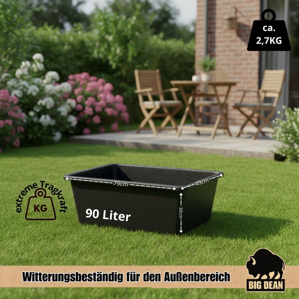 Schwarzer Maurerkübel mit 90 Liter Volumen im Garten, witterungsbeständig, Abmessungen 79 mal 49 mal 30 Zentimeter, Gewicht circa 2,7 Kilogramm.