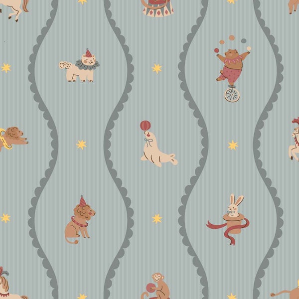Kindertapete mit Zirkusmotiven, illustrierte Tiere wie Bär auf Einrad, Seehund mit Ball und Löwe zwischen Wellenlinien.
