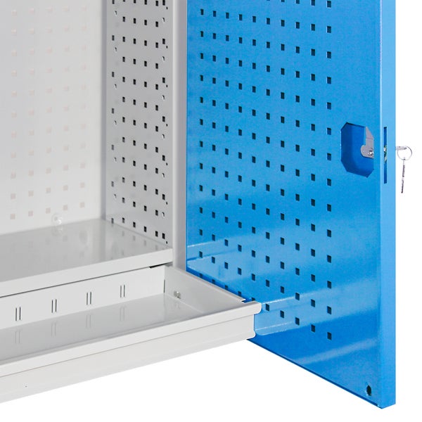 PROREGAL Werkzeugwandschrank mit 2 Türen 1 Fachboden 1 Schublade HxBxT 75,5 x 105 x 31 cm Lichtgrau Blau