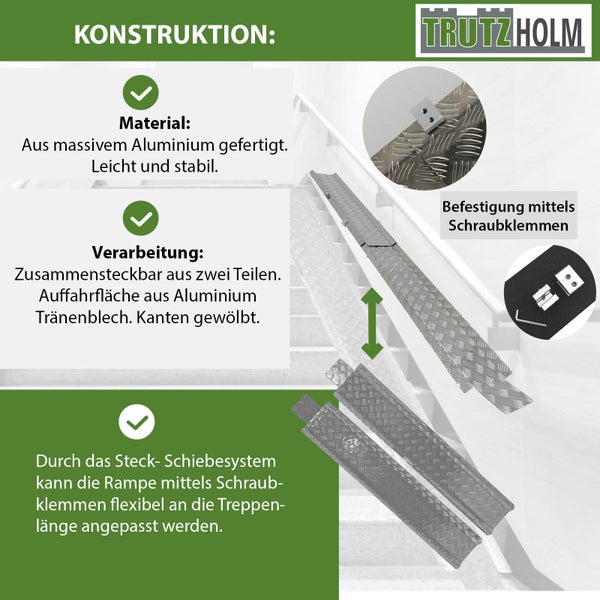 Trutzholm Treppenrampe aus Aluminium mit Schraubklemmen zur flexiblen Anpassung an die Treppenlänge