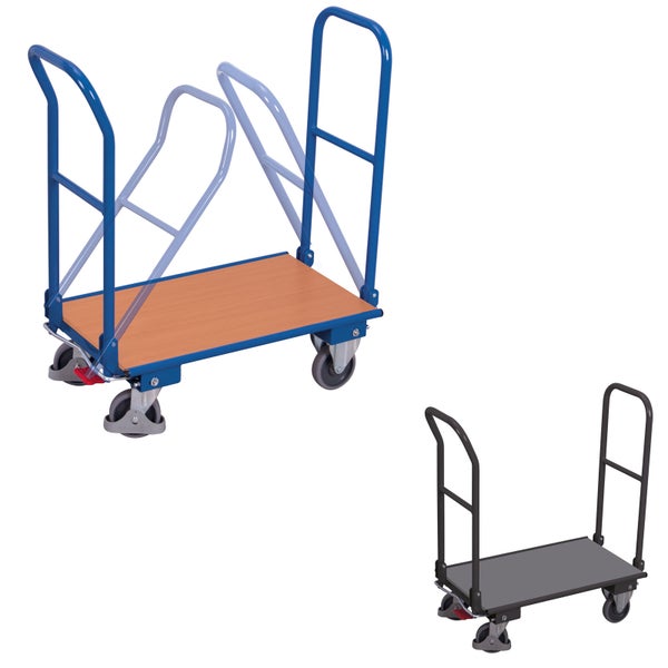 Schiebebügelwagen mit klappbaren Griffen, Holzladefläche und vier Rollen mit Feststellbremse.