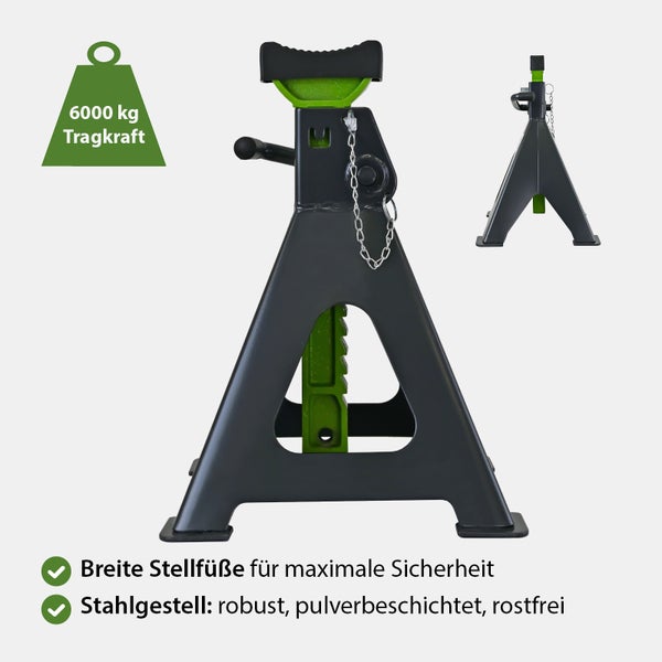 Unterstellbock mit 6000 Kilogramm Tragkraft aus robustem, pulverbeschichtetem Stahl mit breiten Standfüßen für maximale Sicherheit.