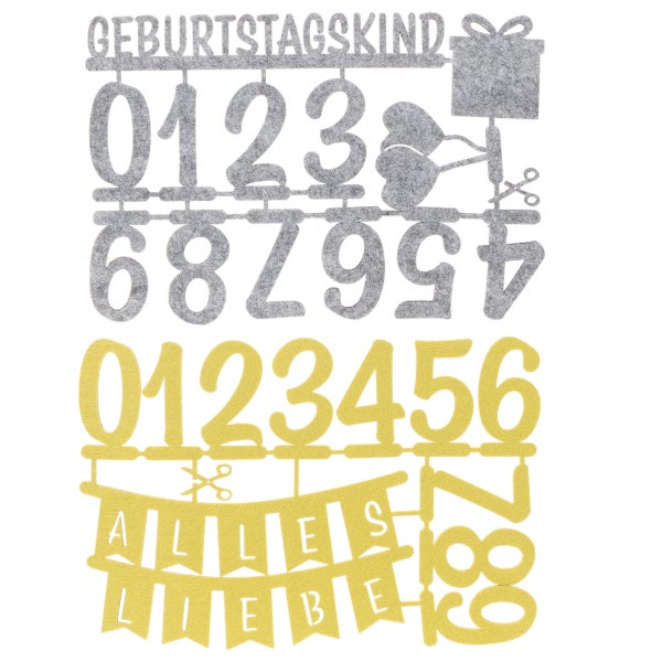 Filz-Deko-Set für Geburtstage mit Zahlen 0 bis 9, Schriftzügen Geburtstagskind und Alles Liebe sowie Motiven wie Geschenk und Luftballons.