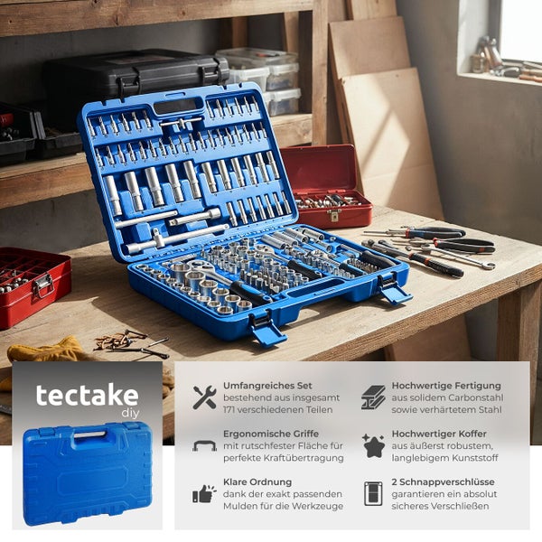 Blauer Werkzeugkoffer von tectake mit 171-teiligem Werkzeugset auf einem Holztisch.