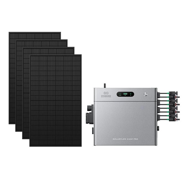 Zendure SolarFlow 2400 Pro Balkonkraftwerk Set mit vier schwarzen Solarpanels und Steuereinheit mit Zendure Logo.