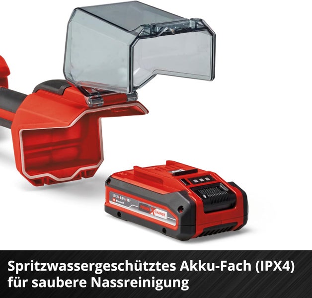 Einhell Power X-Change Akku und spritzwassergeschütztes Akku-Fach mit Schutzart IPX4 für die Nassreinigung.