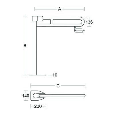 Maßzeichnung eines bodenmontierten Stützklappgriffs mit Toilettenpapierhalter und detaillierten Maßangaben.