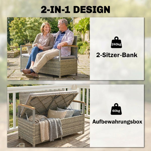 Gartenbank und Aufbewahrungsbox aus Polyrattan mit Holzarmlehnen, Belastbarkeit 240 Kilogramm als Bank und 60 Kilogramm als Stauraum.