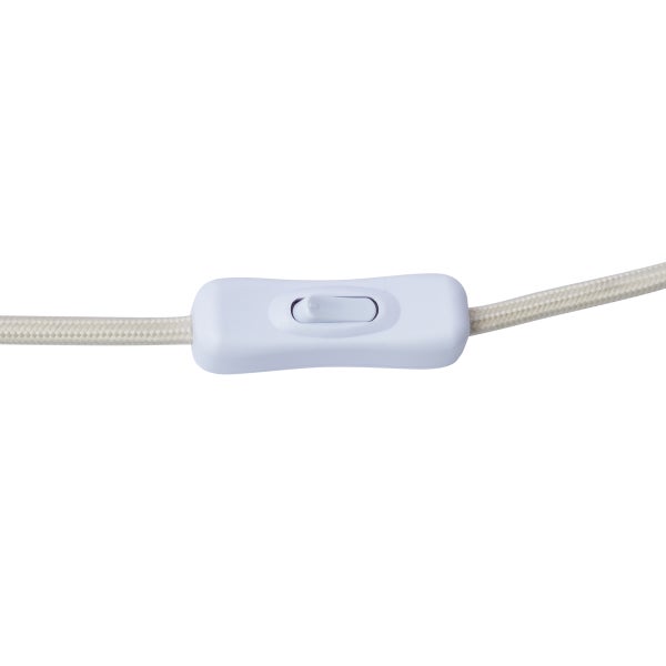 Schnurschalter für Lampen mit beigem textilumwickeltem Kabel und weißem Wippschalter.