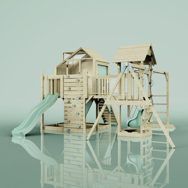 Spielplatz aus Holz mit Rutsche, Schaukel und Kletterwand