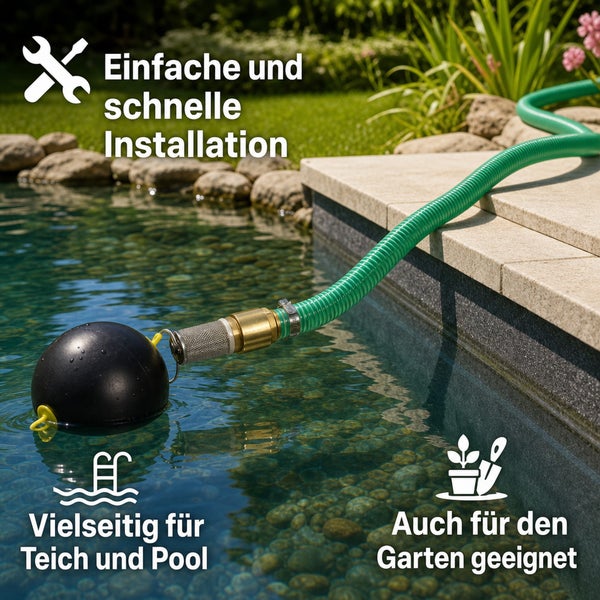 Schwimmende Ansaugvorrichtung für Teiche und Pools mit Schlauchanschluss für eine einfache Installation.