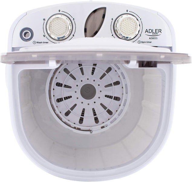 JUNG ADLER AD8055 Mini Waschmaschine mit Schleuder weiss, Waschautomat bis 3 KG, 15 Min Waschprogramm Reisewaschmaschine, Miniwaschmaschine, Camping Mobile Waschmaschine, Toploader (1 Kammer)