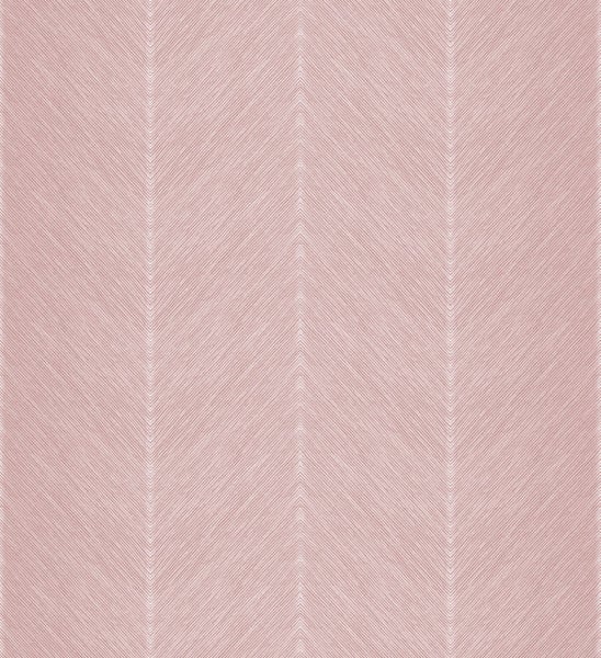 Vliestapete mit Chevron-Muster in Rosa in einem hellen Schlafzimmer mit weißem Bett, Strickdecke und rustikaler Holztür.