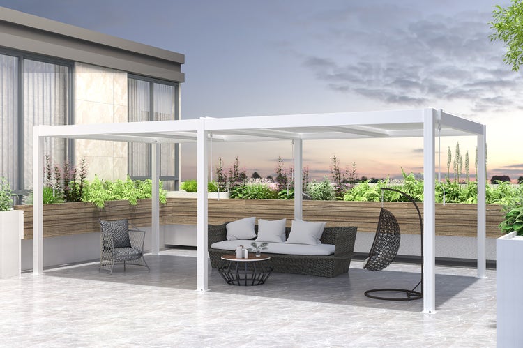 Pergola Aluminium Lamellendach SANTA B600 x T304 x H220 cm, Aluminiumpfosten 10 x 10 cm,  Weiß