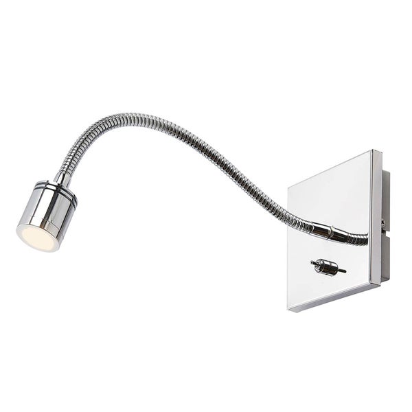 Wandleuchte mit flexiblem Arm, quadratischer Basis, Kippschalter und verchromter Oberfläche.