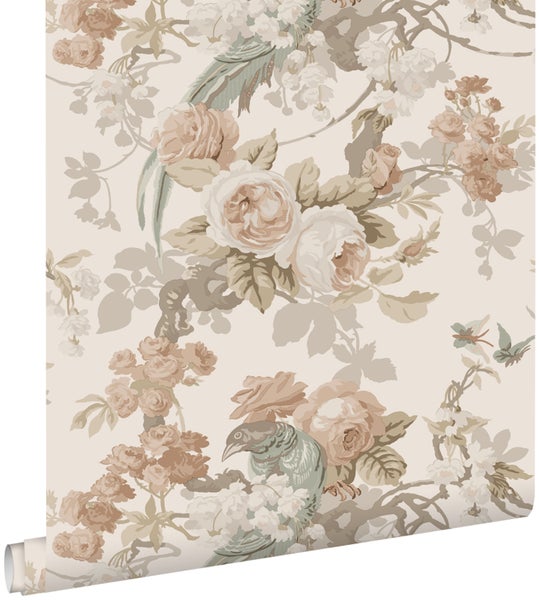 ESTAhome Tapete Blumen und Vögel Beige - 50 x 900 cm - 139807