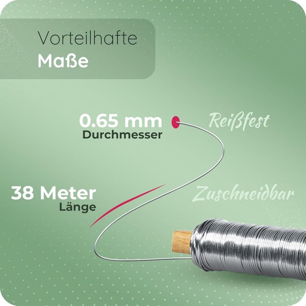 Infografik eines Drahtes mit 0,65 Millimeter Durchmesser, 38 Meter Länge, reißfest und zuschneidbar.
