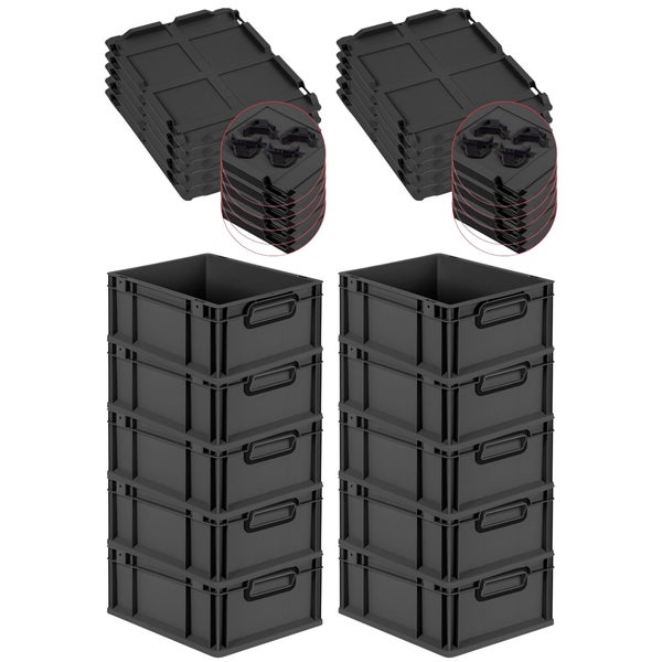 PROREGAL SuperSparSet 10x Eurobox NextGen Color mit Auflagedeckel und Schiebeschnappverschlüsse, HxBxT 17x30x40cm, 16 Liter, Schwarz, Griffe schwarz geschlossen, Eurobehälter, Transportbox, Transportbehälter, Stapelbehälter