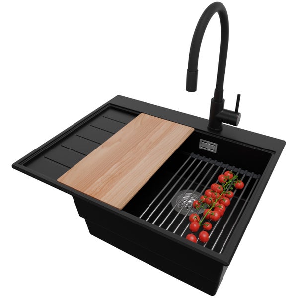 PRIMAGRAN Granitspüle Schwarz 62x50cm, Spülbecken 1 Becken + Küchenarmatur 40x38cm + Ablauf-Set + Küchenzubehörset, Küchenspüle ab 45er Unterschrank - Sydney