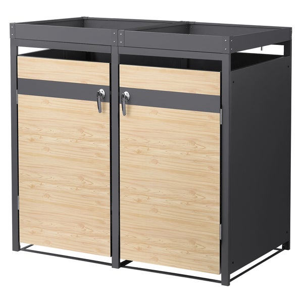Doppel-Mülltonnenbox aus Metall mit Türen in Holzoptik und integrierter Pflanzwanne.