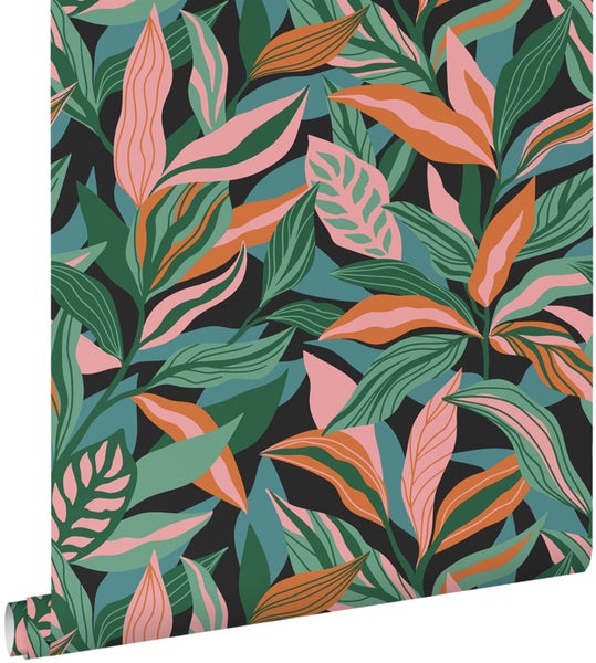 ESTAhome Tapete tropische Blätter Türkis, Rosa und Orange - 50 x 900 cm - 131046