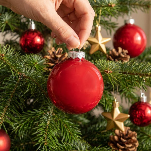 Eine Hand hält eine rote glänzende Weihnachtskugel aus Glas an einen Weihnachtsbaum mit Tannenzweigen und Tannenzapfen.