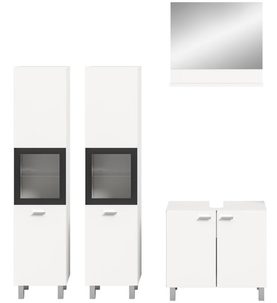 Badmöbel-Set bestehend aus zwei Hochschränken mit Glaseinsatz, einem Waschbeckenunterschrank und einem Spiegel.