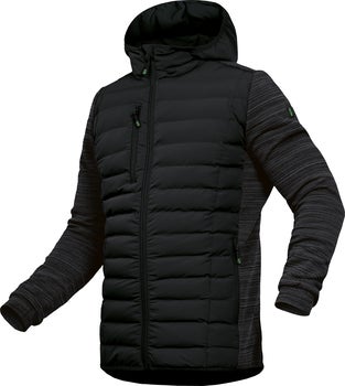 Schwarze Hybrid-Arbeitsjacke für Herren mit Kapuze, gestepptem Brustbereich und strukturierten Ärmeln.