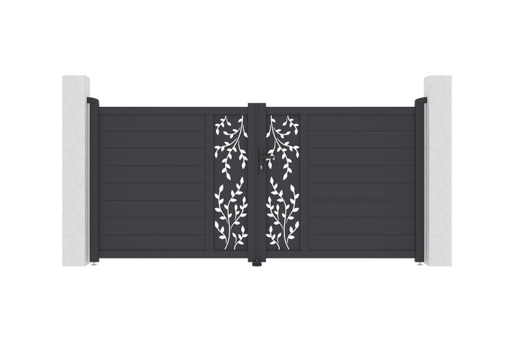 Zweiflügeliges Hoftor aus Aluminium in Anthrazit mit dekorativem Blättermuster und horizontalen Lamellen zwischen zwei Steinpfosten.