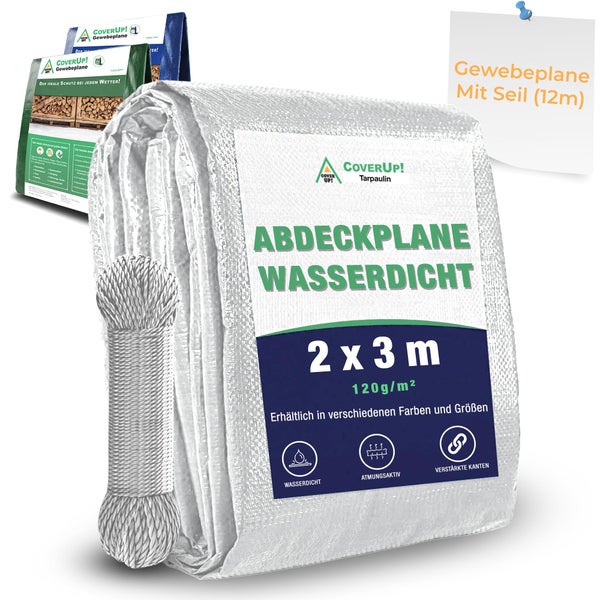 CoverUp! 2x3m Abdeckplane Wasserdicht - Farbe: Weiß, 120g/m², Gewebeplane mit ösen, Verstärkte Gummiecken - Plane Wasserdicht UV-Schutz für Gartenmöbel, Bauplane, zeltplane inkl 12m Seil, 2x3