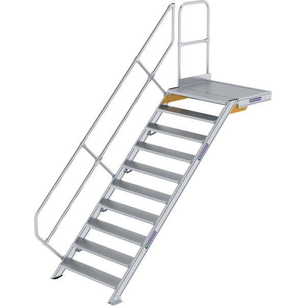 Stationäre Industrietreppe aus Aluminium mit Plattform, einseitigem Handlauf und Geländer.
