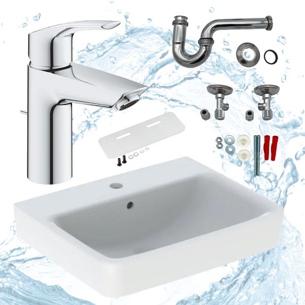 Waschbecken mit Armatur, Siphon und Installationsmaterial