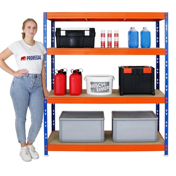 PROREGAL Mega Deal 3x Profi Schwerlastregal Rhino HxBxT 180 x 160 x 60 cm 4 Spanplatten-Ebenen 8mm Fachlast 500 kg Blau-Orange